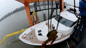 The British yacht Princess 98' MY is lifted by the boatlift Big Willi