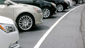 A row of sedans in a parking lot at a car dealership.