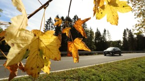 A car driving during the fall