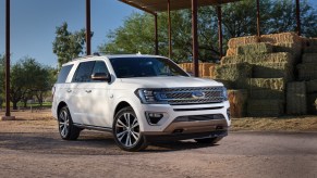 A 2020 Ford Expedition parked in front of a haystack