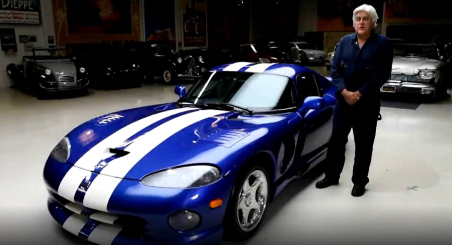 Jay Leno with his blue-and-white 1996 Dodge Viper GTS