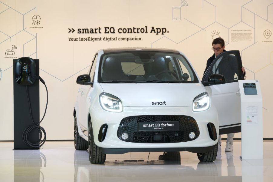 FRANKFURT AM MAIN, GERMANY - SEPTEMBER 09: A visitor look at the Smart EQ forfour Edition 1 electric car at the Mercedes-Benz media preview at the 2019 IAA Frankfurt Auto Show on September 09, 2019 in Frankfurt am Main, Germany. The IAA will be open to the public from September 12 through 22. (Photo by Sean Gallup/Getty Images)