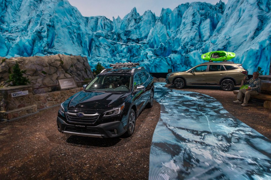 The 2020 Subaru Outback, sibling of the Subaru Legacy, is seen in a U.S. National Park-themed display at AutoMobility