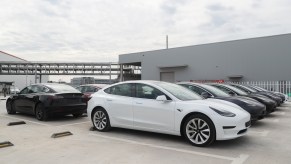 Photo taken on Oct. 26, 2020 shows the Tesla China-made Model 3 vehicles at its gigafactory in Shanghai, east China