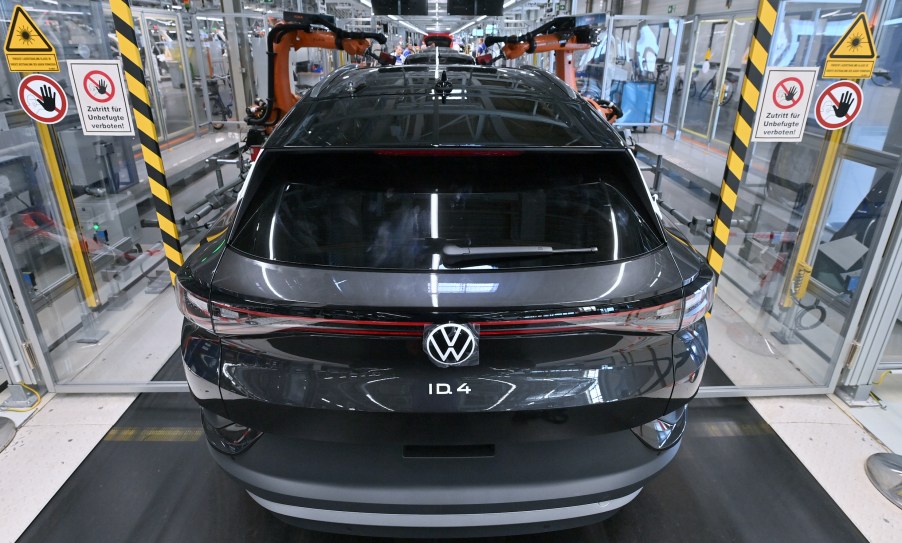 A Volkswagen ID.4 runs over the line in the factory. Volkswagen produces the first pure electric SUV at the Zwickau plant