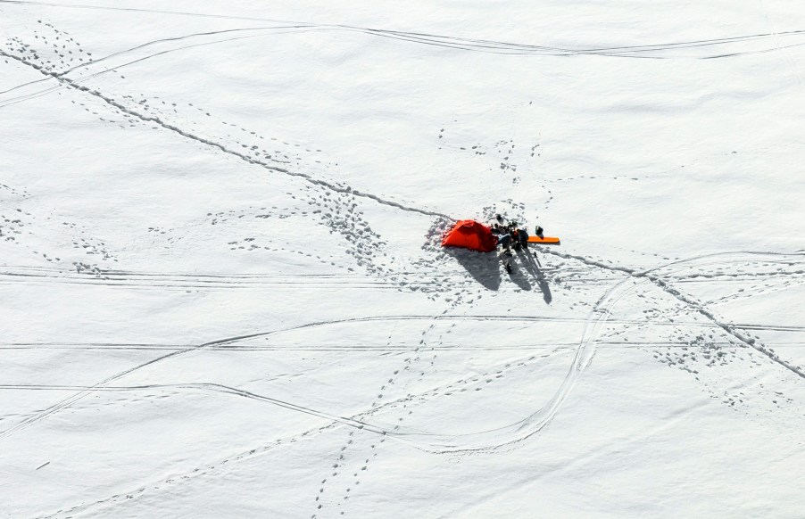 Tent on snowfield of mountaineers climbing the Mont Blanc in the French Alps, France