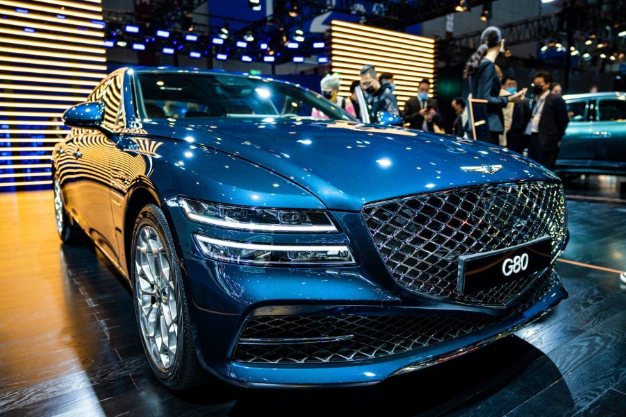 A Hyundai Genesis G80 sedan is on display during the 3rd China International Import Expo (CIIE)