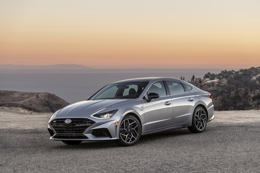 A silver 2021 Hyundai Sonata N Line parked on display