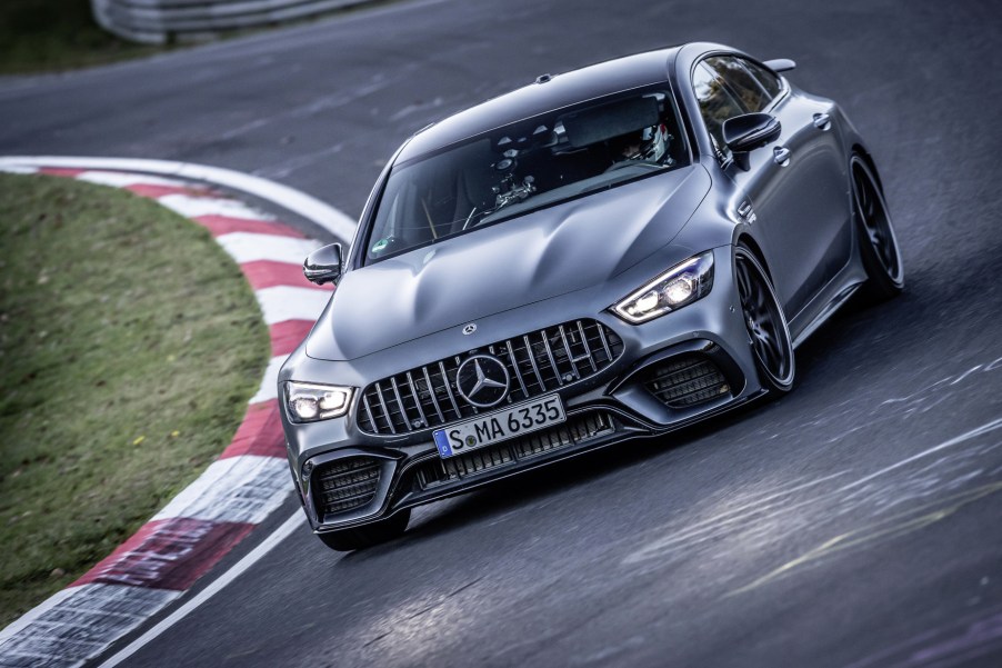 The 2021 Mercedes-AMG GT 63 S driving on the Nurburgring course while setting its record lap time