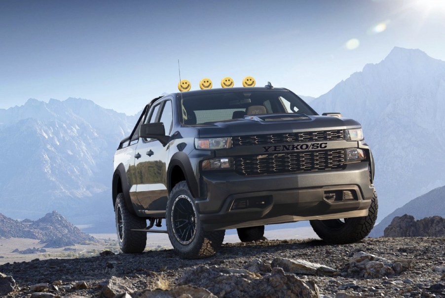 A black 2021 SVE Yenko Chevrolet Silverado Off-Road climbs a mountain