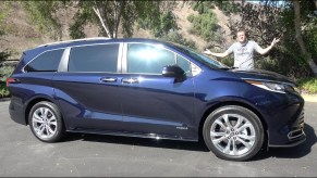 Doug DeMuro with a blue 2021 Toyota Sienna Platinum