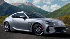 A silver 2022 Subaru BRZ on a mountain road