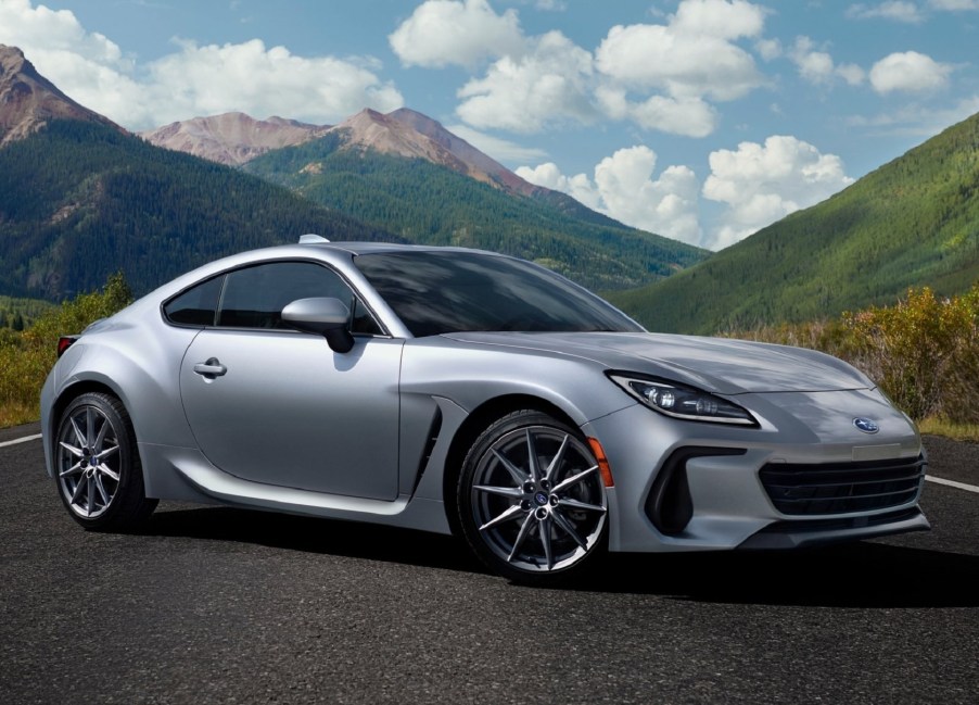 A silver 2022 Subaru BRZ on a mountain road