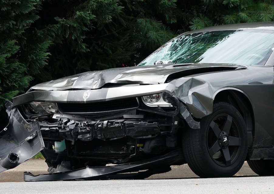 The front end of a vehicle after a car accident