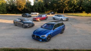 A photo of many variations of the 2021 Mercedes-Benz E-Class outdoors.