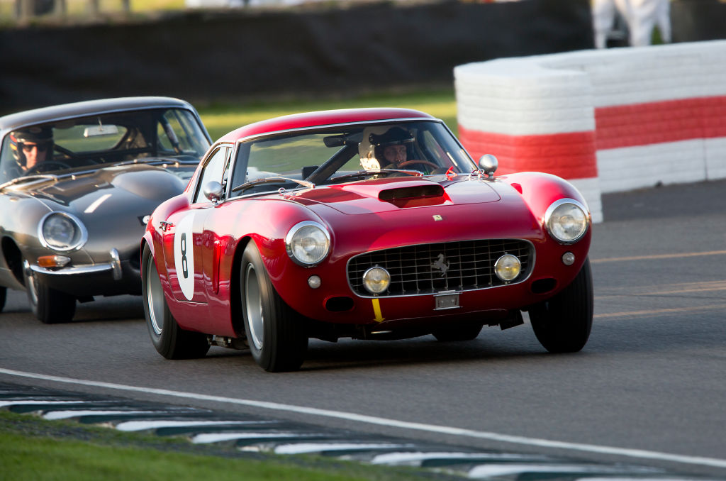 A photo of a 1960 Ferrari 250 GT SWB/C racing on track.