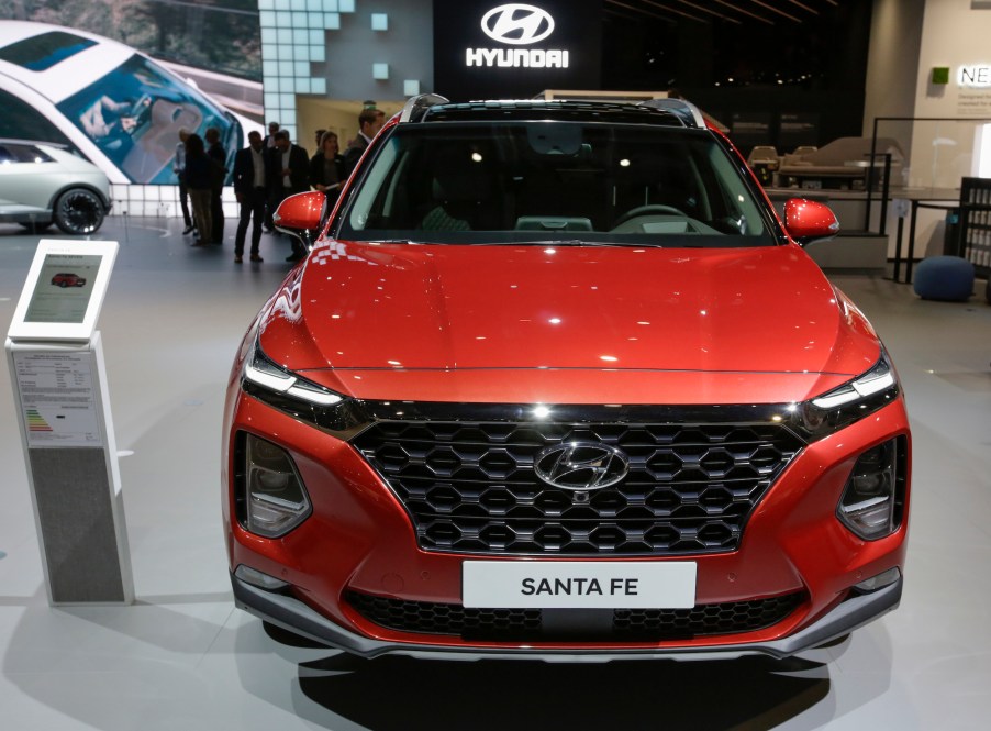 The South-Korean car manufacturer Hyundai displays the Hyundai Santa Fe SEVEN 2.2 CRDI SUV at the 2019 Internationale Automobil-Ausstellung