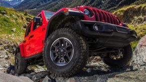 A Jeep Wrangler Rubicon goes off-road.