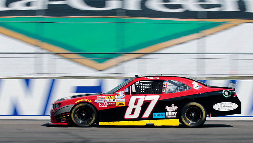 No. 87 Chevy NASCAR flying down the track 