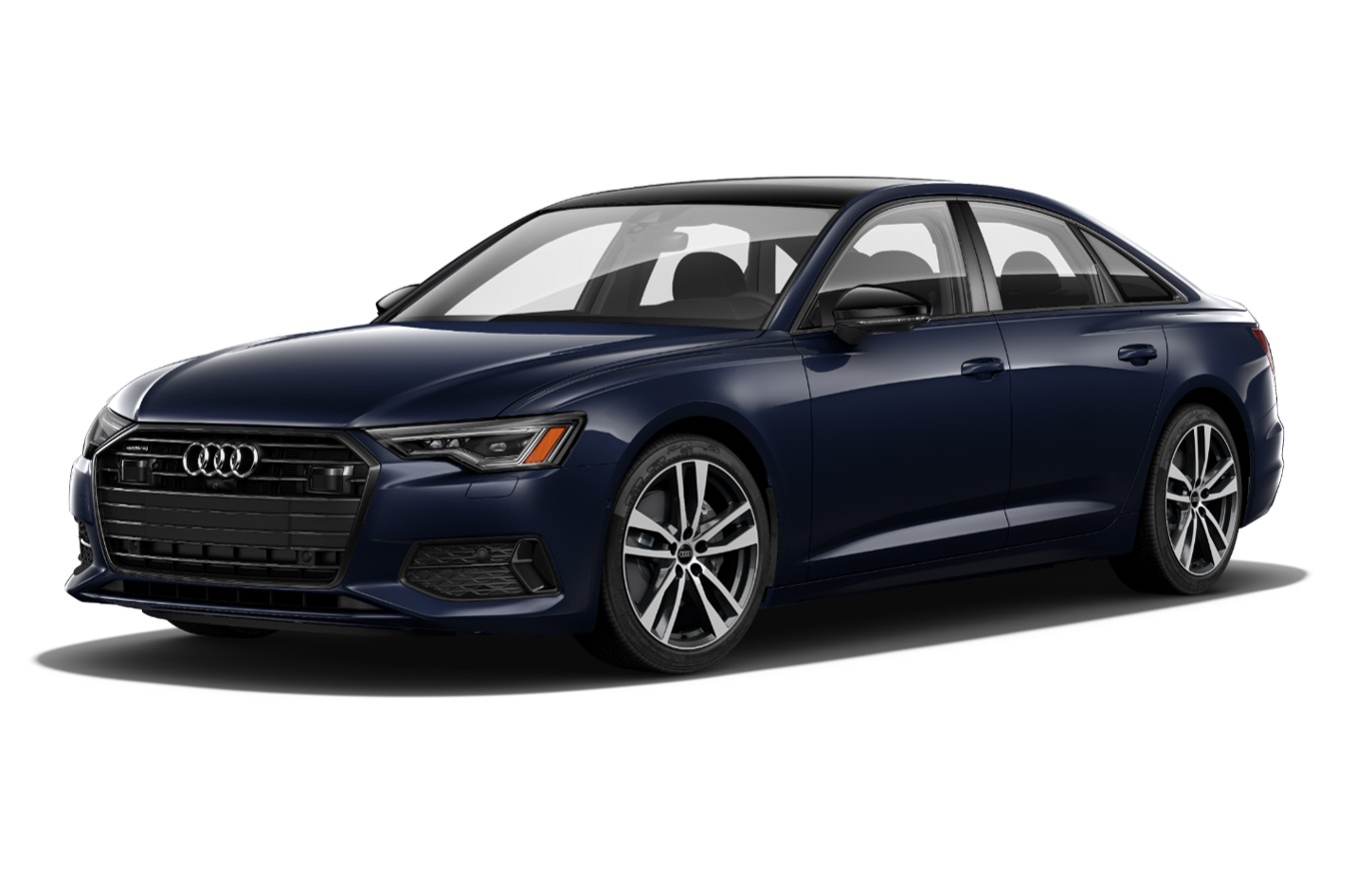 a dark blue 2021 Audi A6 luxury car in a press image against a white backdrop