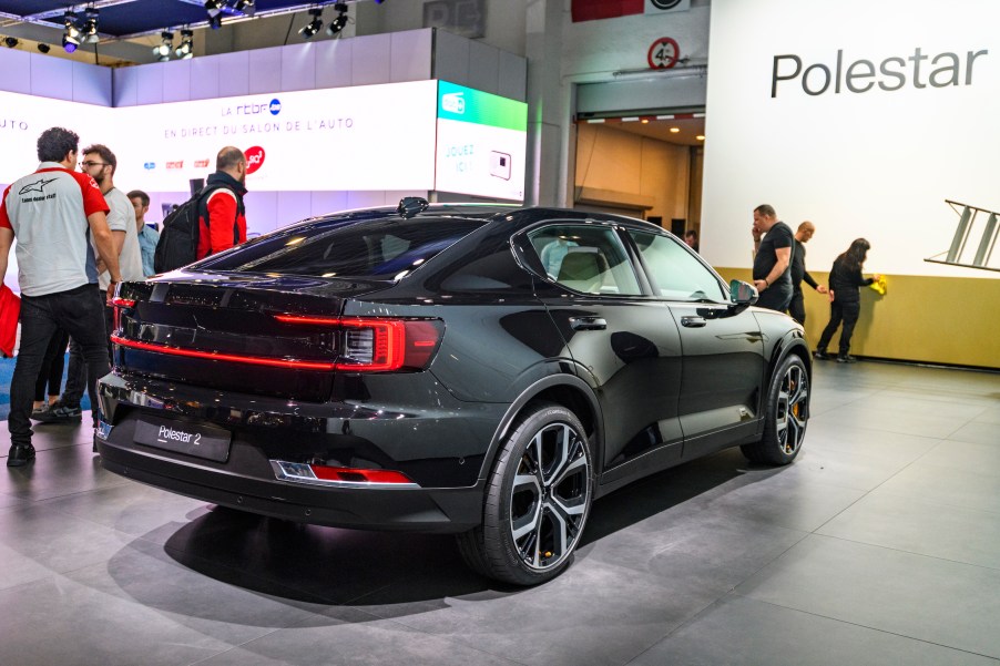 Polestar 2 all-electric 5-door fastback car in black on display at Brussels Expo