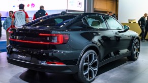 Polestar 2 all-electric 5-door fastback car in black on display at Brussels Expo