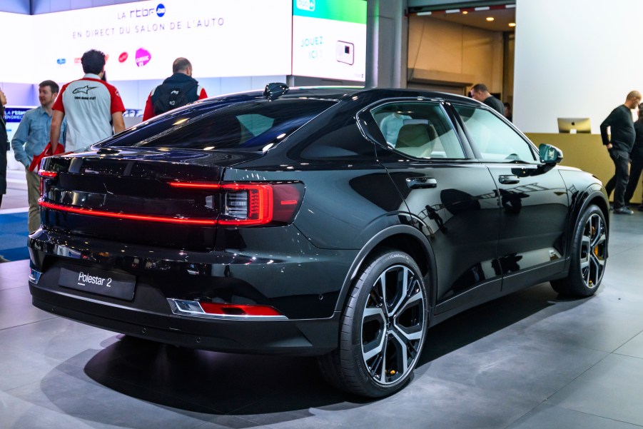 Polestar 2 all-electric 5-door fastback car in black on display at Brussels Expo