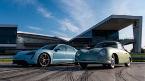 Heritage and future meet in the form of a Radium Green 1950 Porsche 356 and a Frozen Blue Metallic 2020 Porsche Taycan Turbo S, seen here at the Porsche Experience Center Atlanta.