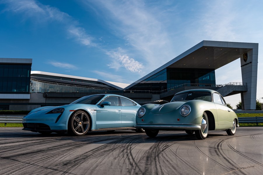 Heritage and future meet in the form of a Radium Green 1950 Porsche 356 and a Frozen Blue Metallic 2020 Porsche Taycan Turbo S, seen here at the Porsche Experience Center Atlanta.