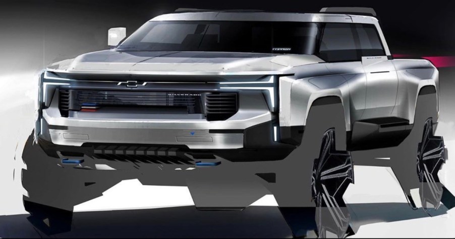 designer's sketch of upcoming Chevy Silverado EV pickup