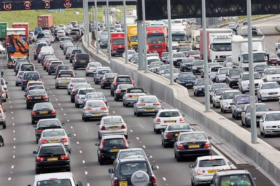 A British motorway, the M25, full of right-hand-drive cars.