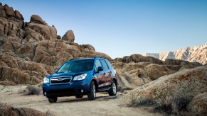 A Subaru Forester driving down a dirt road