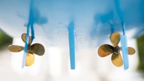 A detailed view of the propellers of the model cruise ship "Land Hadeln Hemmoor," which was built by 81-year-old Lothar Bergander, former captain at sea and hobby model maker.