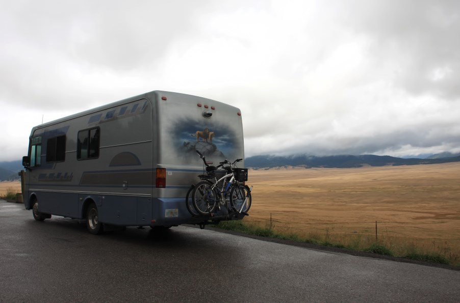 A motorhome with bicycles on back at Valle Grande in Valles Caldera, Northern New Mexico, September 2010