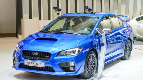 Subaru WRX STI high-performance sedan on display at Brussels Expo on January 13, 2017 in Brussels, Belgium.