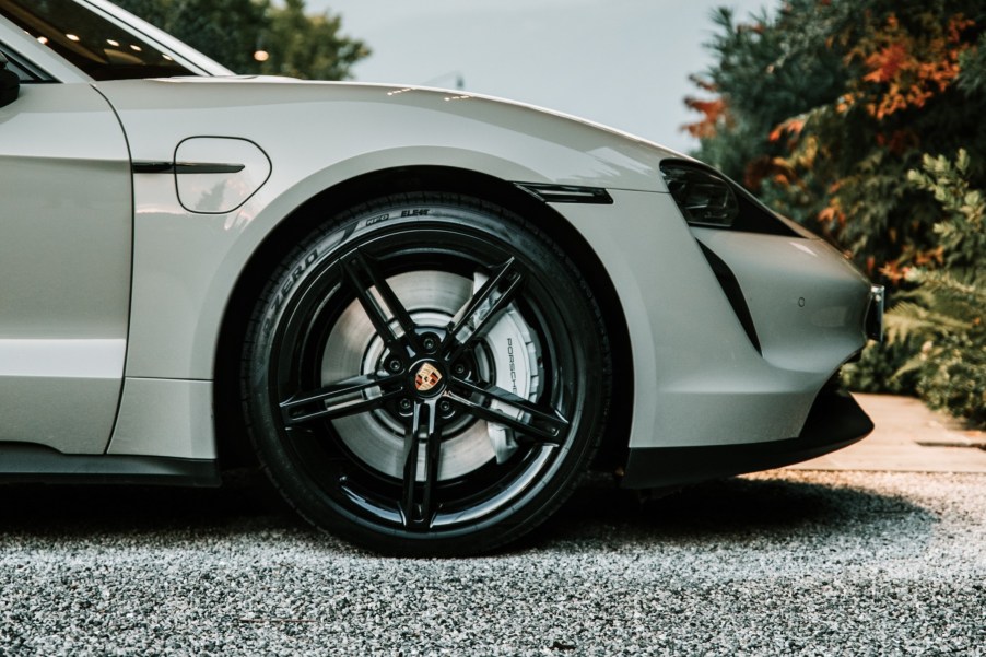 An image of a Porsche Taycan with all-new Pirelli tires.