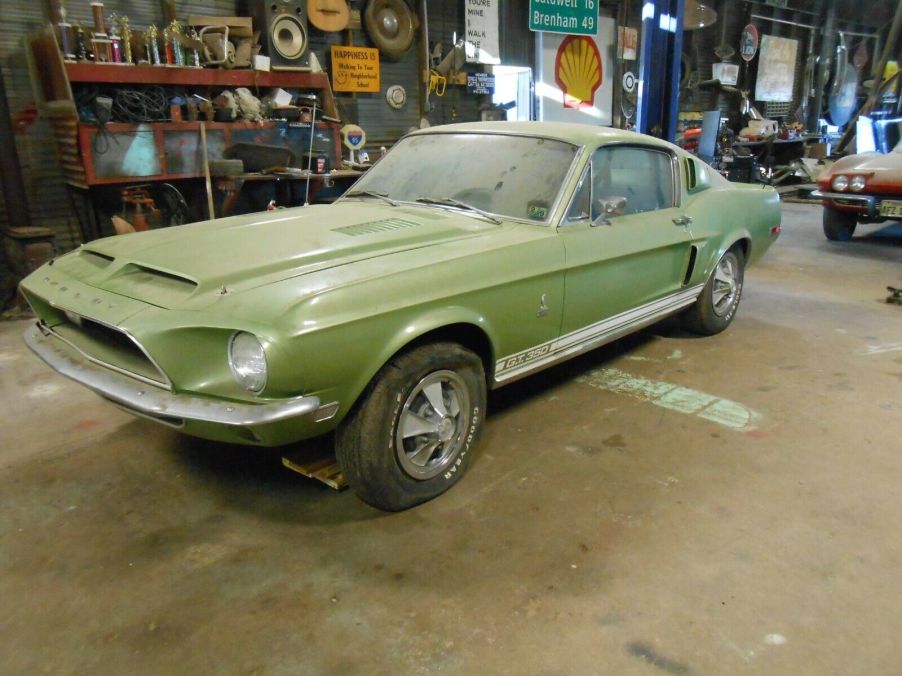 Front quarter view of a lime green 1968 Shelby GT350 fastback