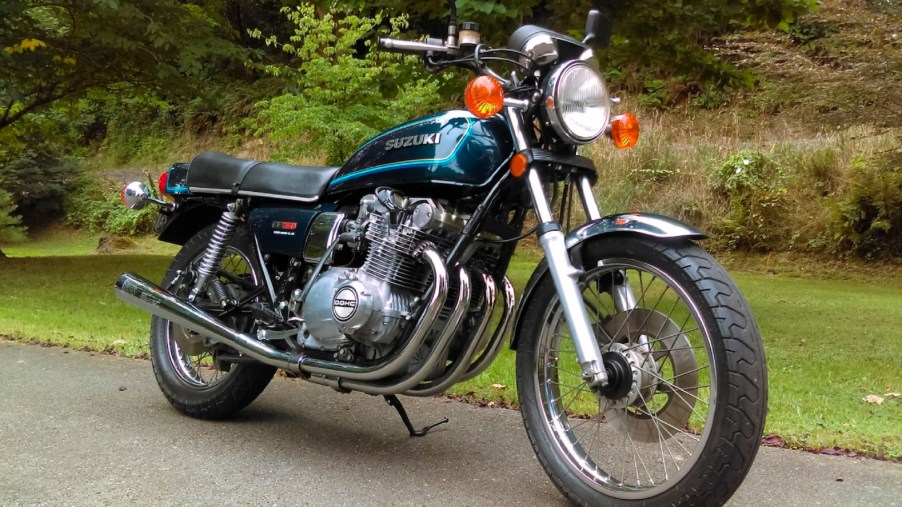 A turquoise-tanked 1978 Suzuki GS750