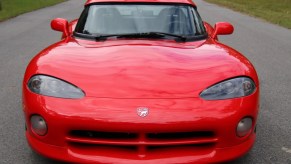 The front view of a red 1994 Dodge Viper RT/10 with a hardtop