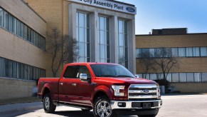 A red 2015 Ford F-150 sits outside the Kansas City Assembly Plant