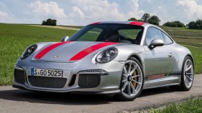 A silver-and-red 2016 Porsche 911 R