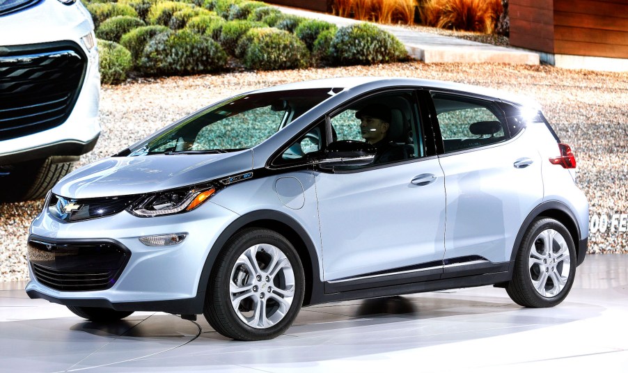 The all-electric Chevrolet Bolt EV is shown on-stage after it won the Car of the Year Award at the 2017 North American International Auto Show on January 9, 2017, in Detroit, Michigan.