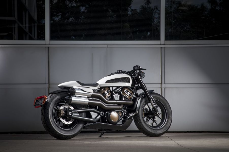 The rear 3/4 view of the white 2018 Harley-Davidson Custom 1250 concept