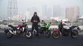 A red 2019 Honda CB1000R next to a green-and-white 2020 Kawasaki Z900RS Cafe next to a red-and-white 2020 Yamaha XSR900