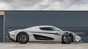 A passenger side profile view of a white 2019 Koenigsegg Regara