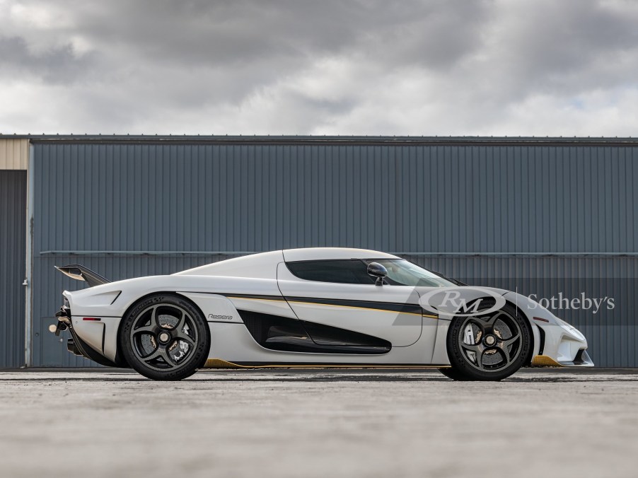 A passenger side profile view of a white 2019 Koenigsegg Regara