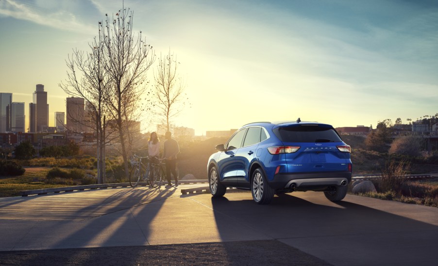 A blue 2020 Ford Escape parked on display