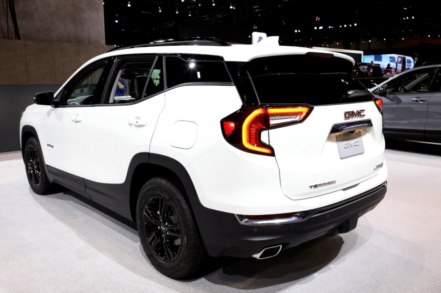 A 2020 GMC Terrain on display at an auto show