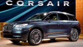 A blue 2020 Lincoln Corsair on display at an auto show