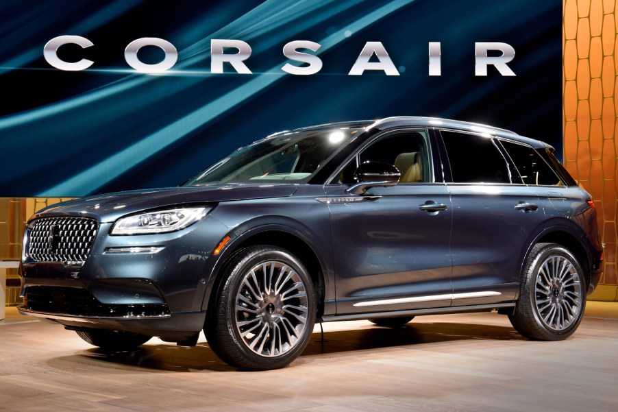 A blue 2020 Lincoln Corsair on display at an auto show